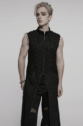 Black Stand Collar Sleeveless Cross Distressed Embroidery Men's Gothic Long Vest